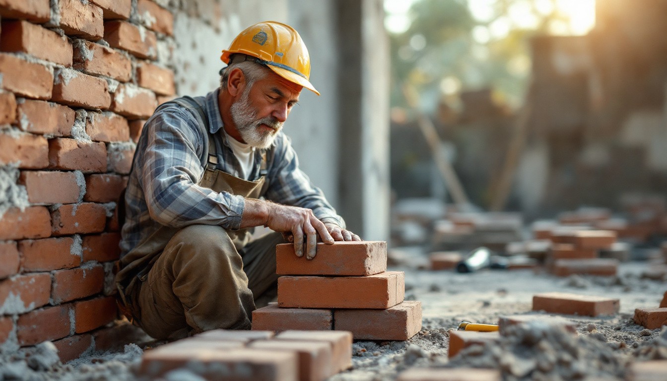 Un maçon qui empile des briques pour construire un mur sur un chantier.