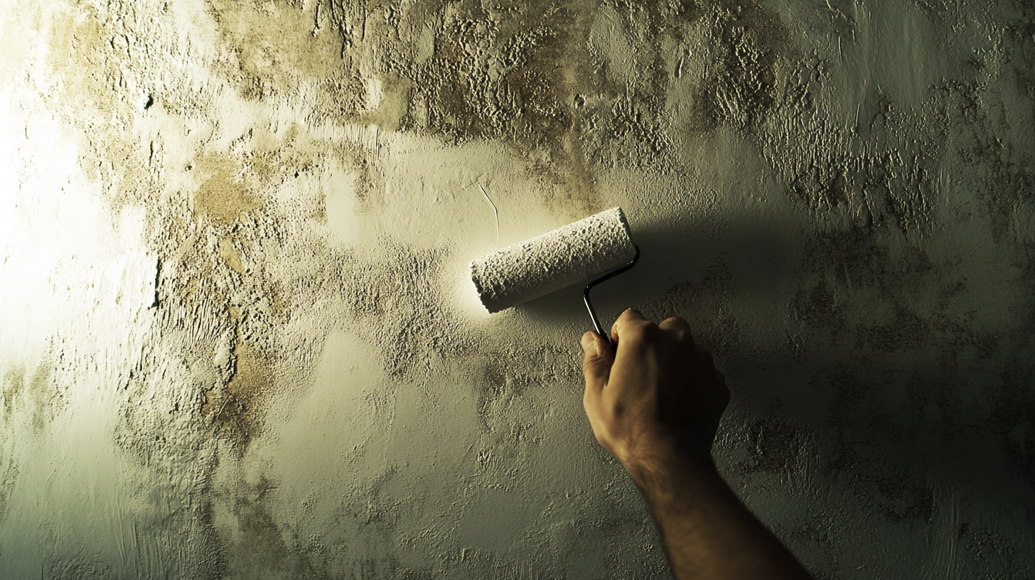 Gros plan sur une main appliquant une deuxième couche de sous-couche blanche avec un rouleau sur un mur lisse, dans un environnement de rénovation propre et bien éclairé.
