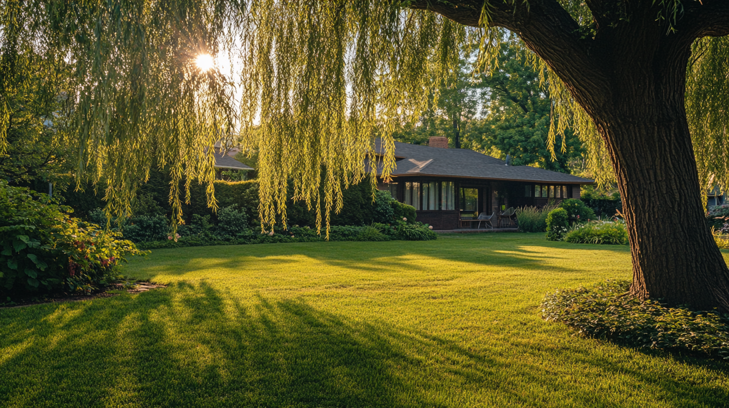 Un saule pleureur majestueux planté à bonne distance d’une maison moderne, baigné de lumière douce dans un jardin verdoyant et paisible.