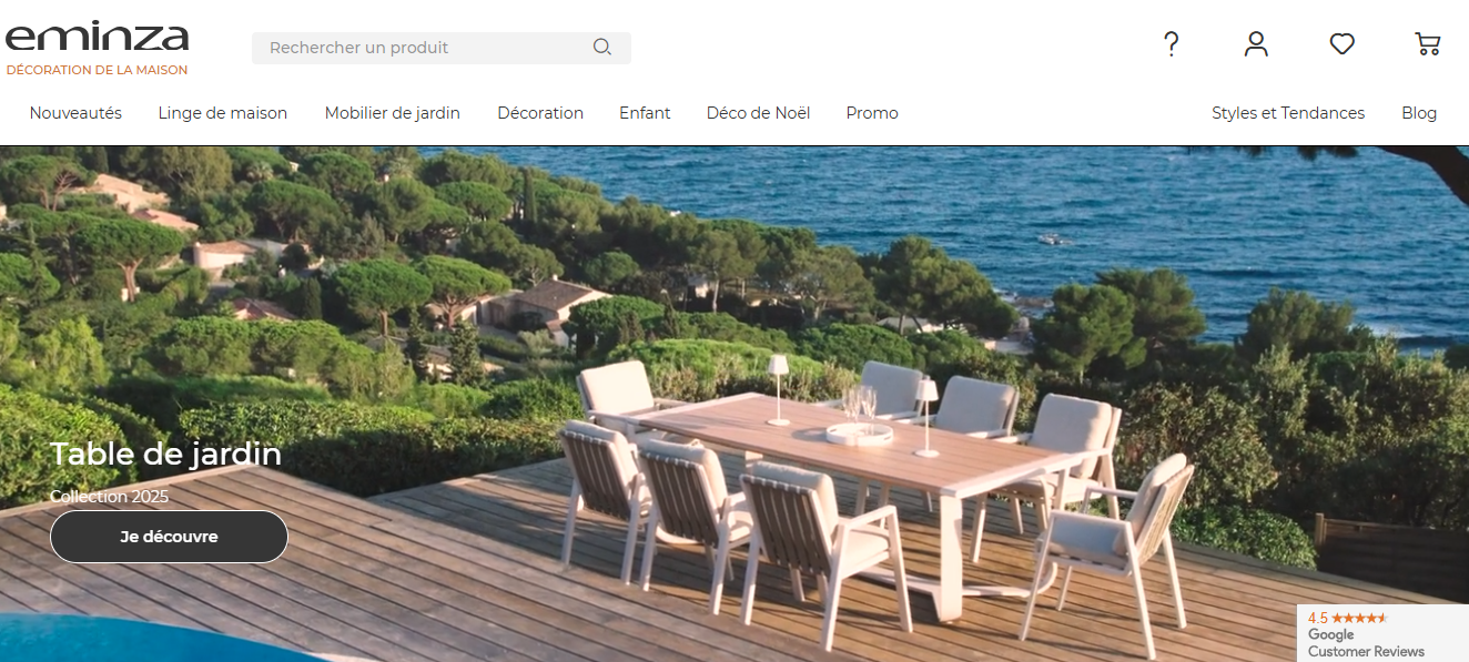 Page d'accueil du site Eminza qui propose des articles de décoration en ligne