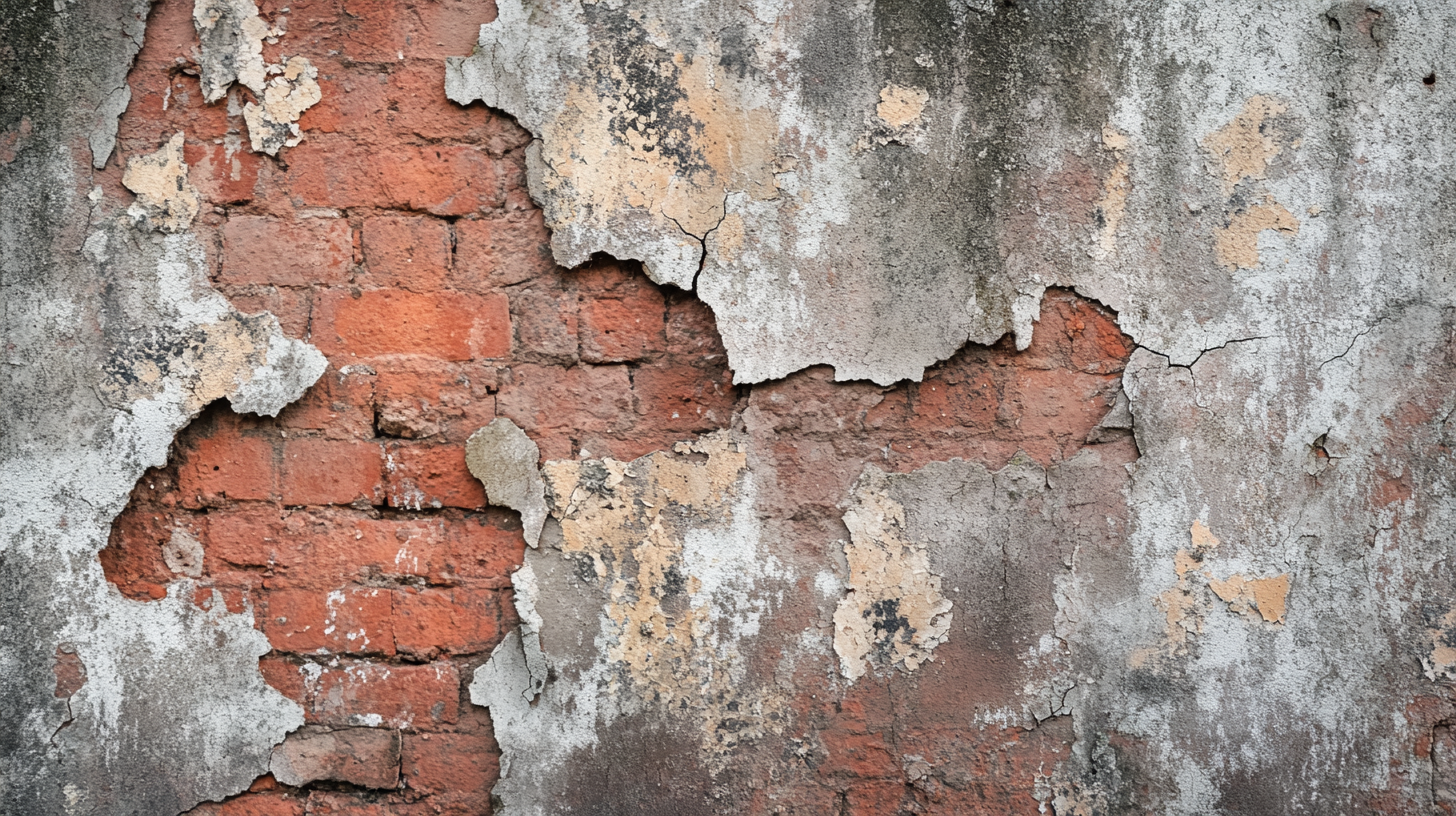 Gros plan sur un mur avec de l’enduit qui s’écaille, révélant la brique et le béton en dessous. La texture abîmée est mise en valeur par une lumière naturelle douce.