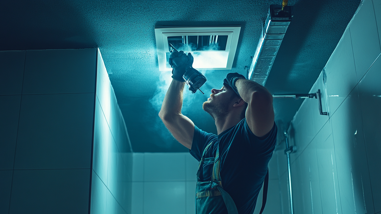 Un bricoleur installe une VMC dans une salle de bain moderne, perçant un trou dans le plafond pour un ventilateur extracteur, avec des conduits d'air visibles.