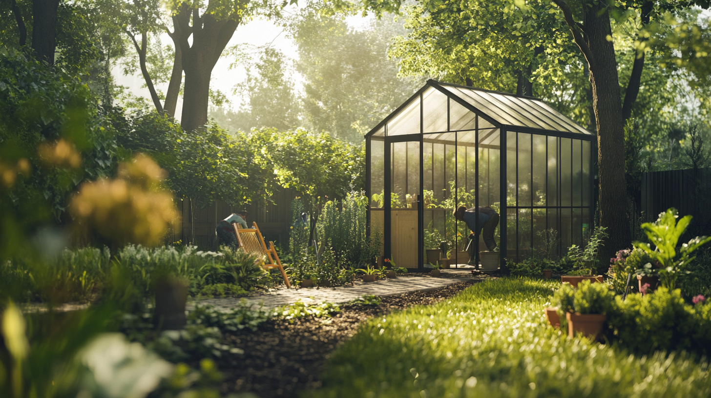 Installation d’une serre de jardin en cours, avec une structure métallique et des panneaux transparents, entourée d’un jardin verdoyant sous un ciel ensoleillé.