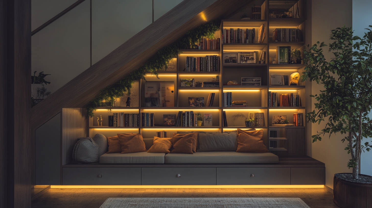 Aménagement d’un espace sous un escalier avec des rangements intégrés, une alcôve de lecture et une décoration moderne et épurée au style scandinave.