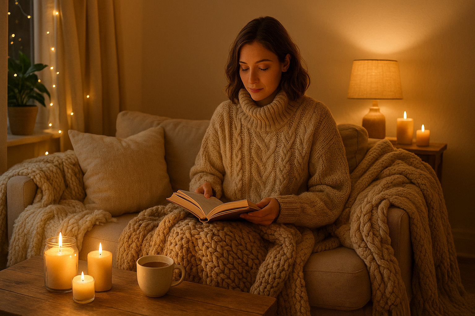 Une femme jeune assise au milieu d'un salon cocooning
