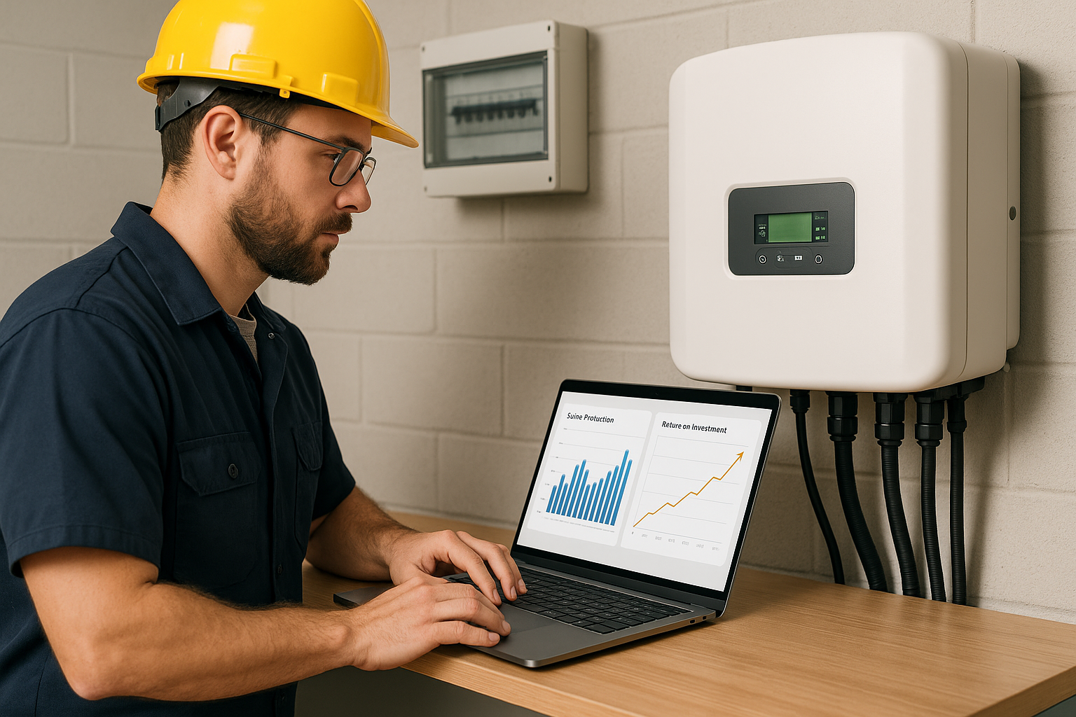 Technicien solaire analysant les données de production sur un ordinateur portable à côté d’un onduleur domestique dans une pièce technique moderne.