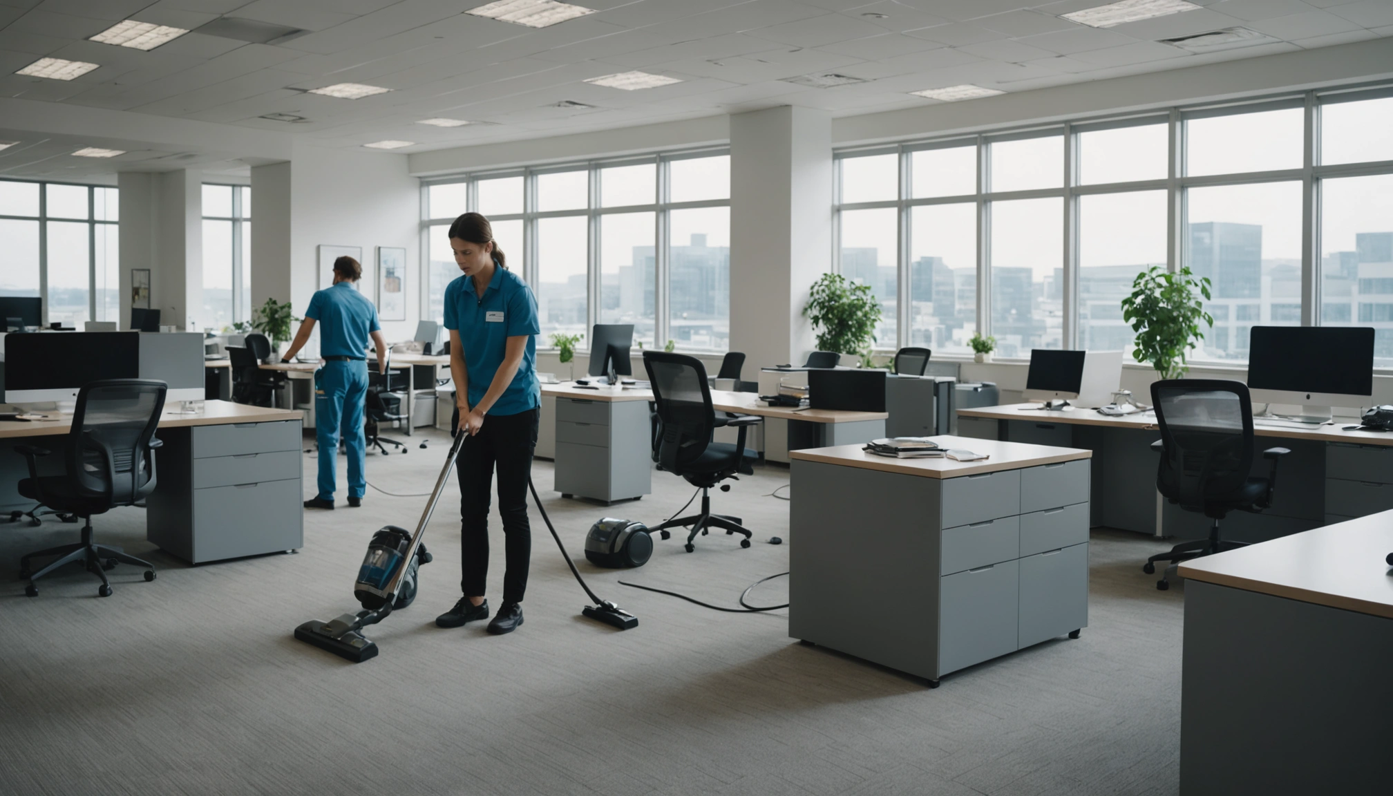 Équipe de nettoyage de locaux qui travaille dans des grands bureaux.