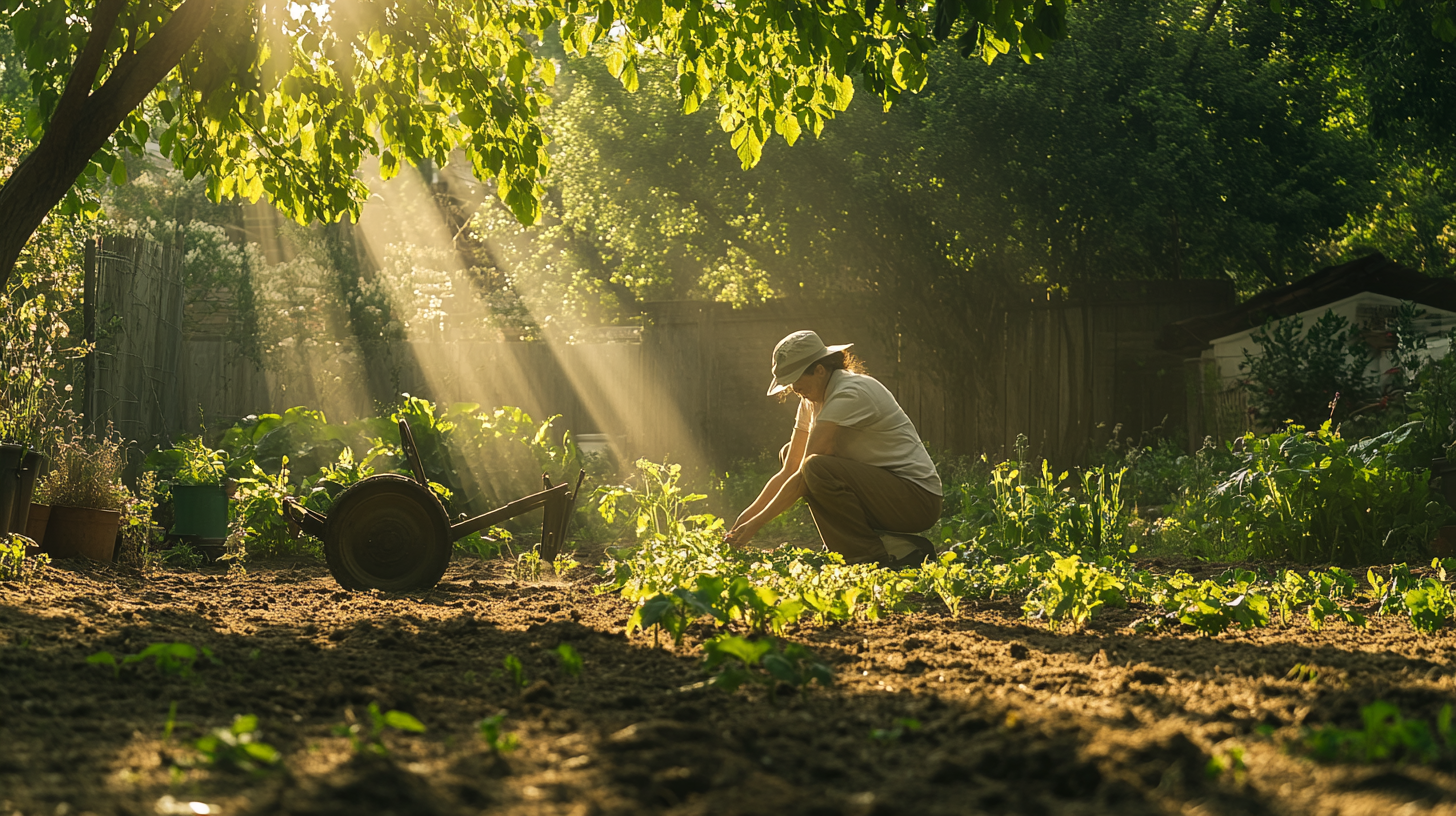 Un jardinier agenouillé dans un potager verdoyant, désherbant à la main avant d'utiliser un motoculteur posé à côté, sous une lumière naturelle de printemps.