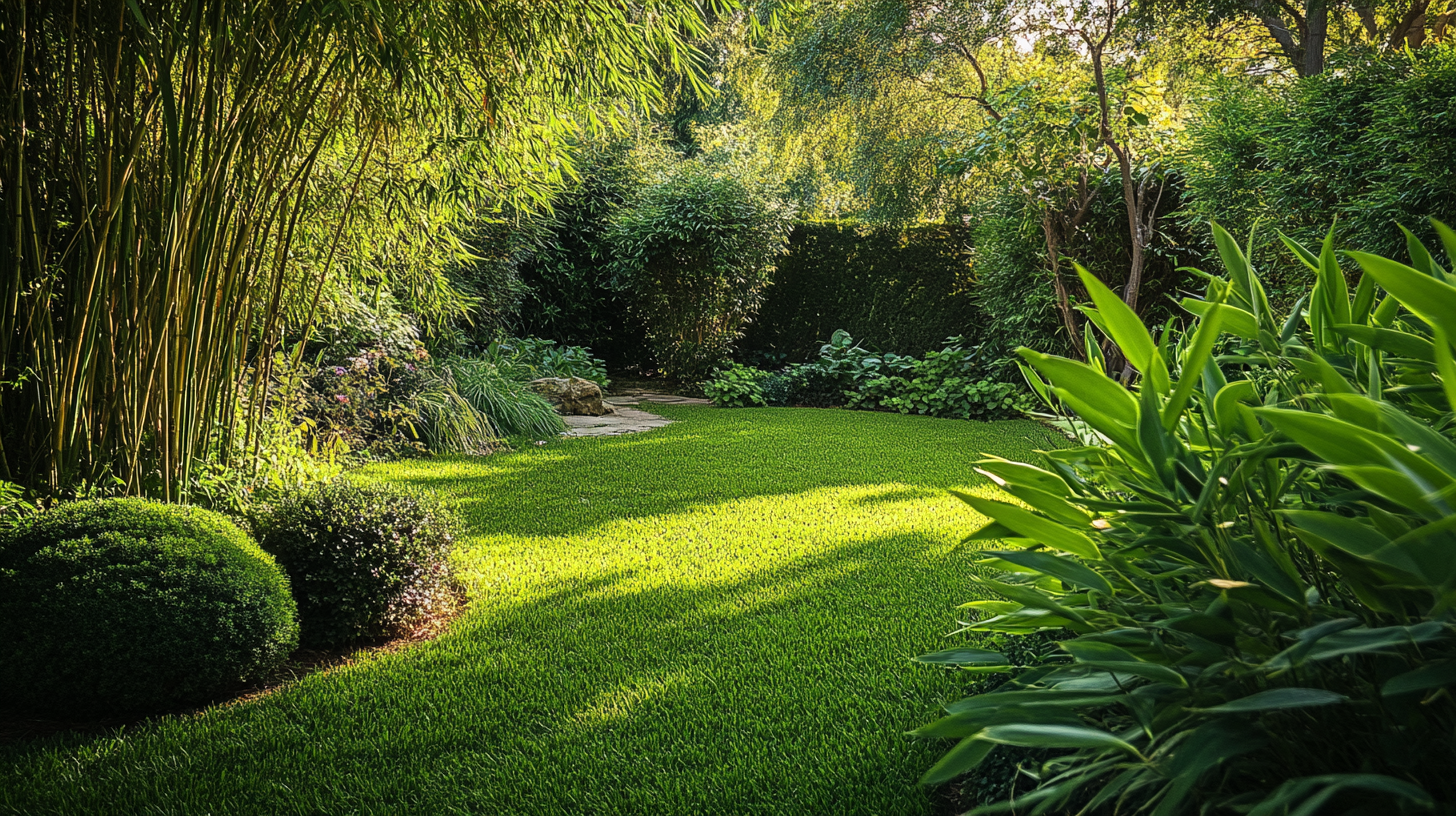 Haie de bambou Fargesia dense et verdoyante dans un jardin au lever du soleil, avec des feuilles légères et un éclairage doux pour une ambiance sereine.
