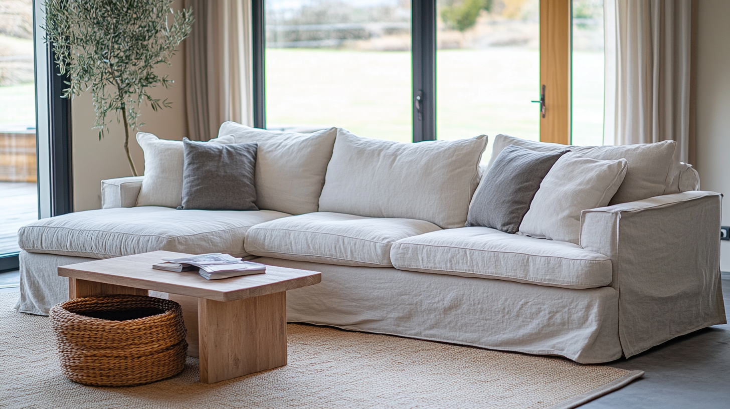 Salon moderne et chaleureux avec un canapé d’angle recouvert d’une housse élégante beige, entouré d’une déco scandinave épurée et lumineuse.