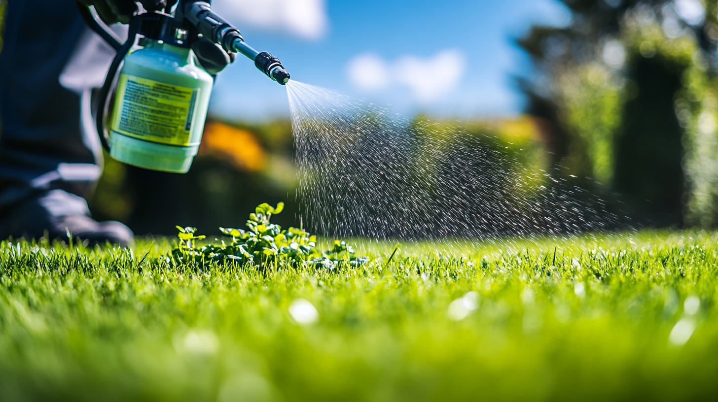 Jardinier appliquant un désherbant sélectif sur un gazon vert et dense, illustrant le soin apporté pour éliminer les mauvaises herbes sans abîmer la pelouse.