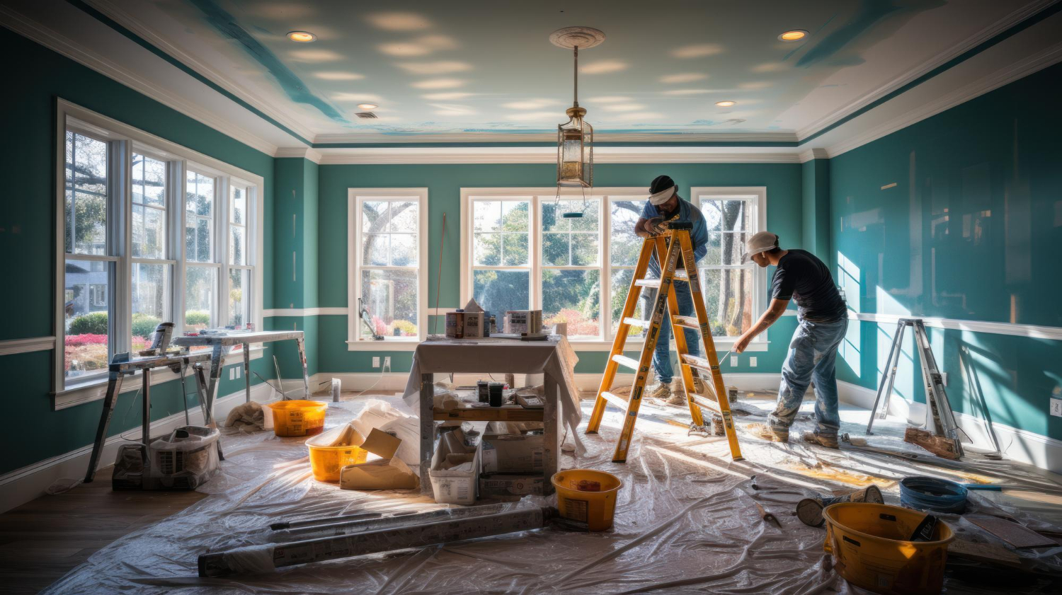 couple en plein chantier dans une grande maison en rénovation
