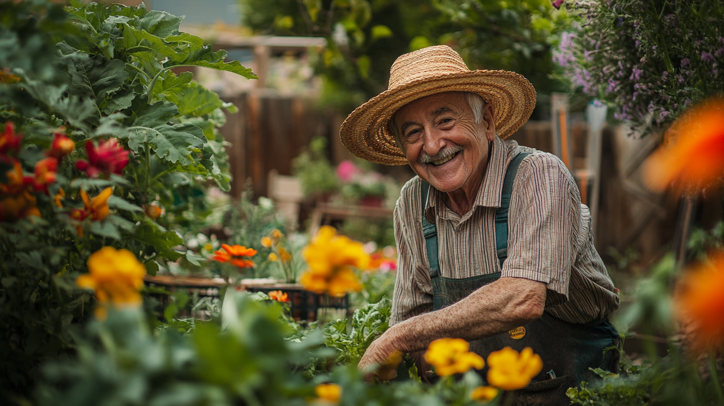 Un homme âgé en chapeau de paille jardine joyeusement dans un jardin luxuriant rempli de fleurs, de légumes et d’arbres, baigné de lumière naturelle.