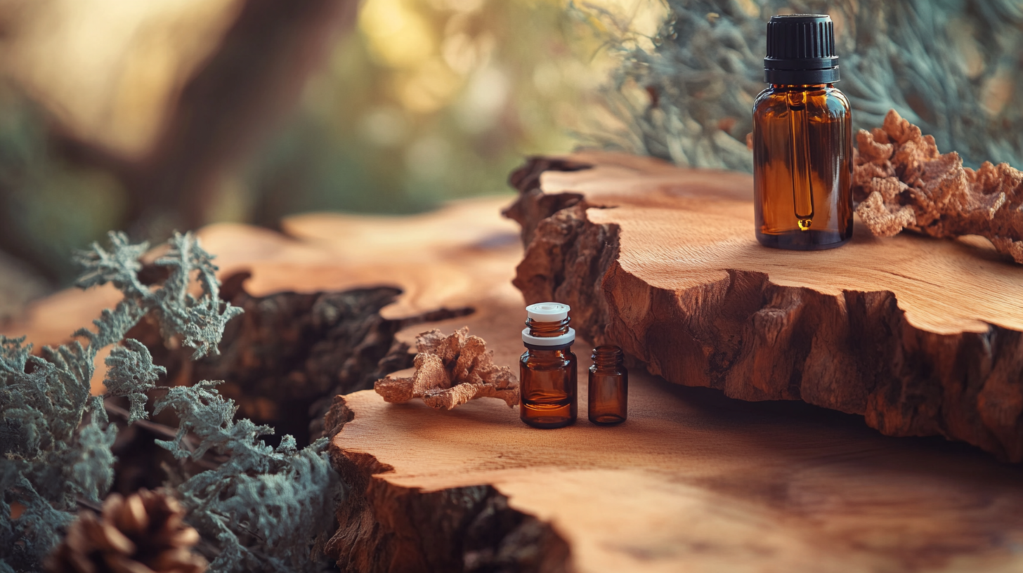 Morceaux de bois de cyprès accompagnés de flacons d’huile essentielle, éclairés par une lumière naturelle douce, dans une ambiance boisée et élégante.