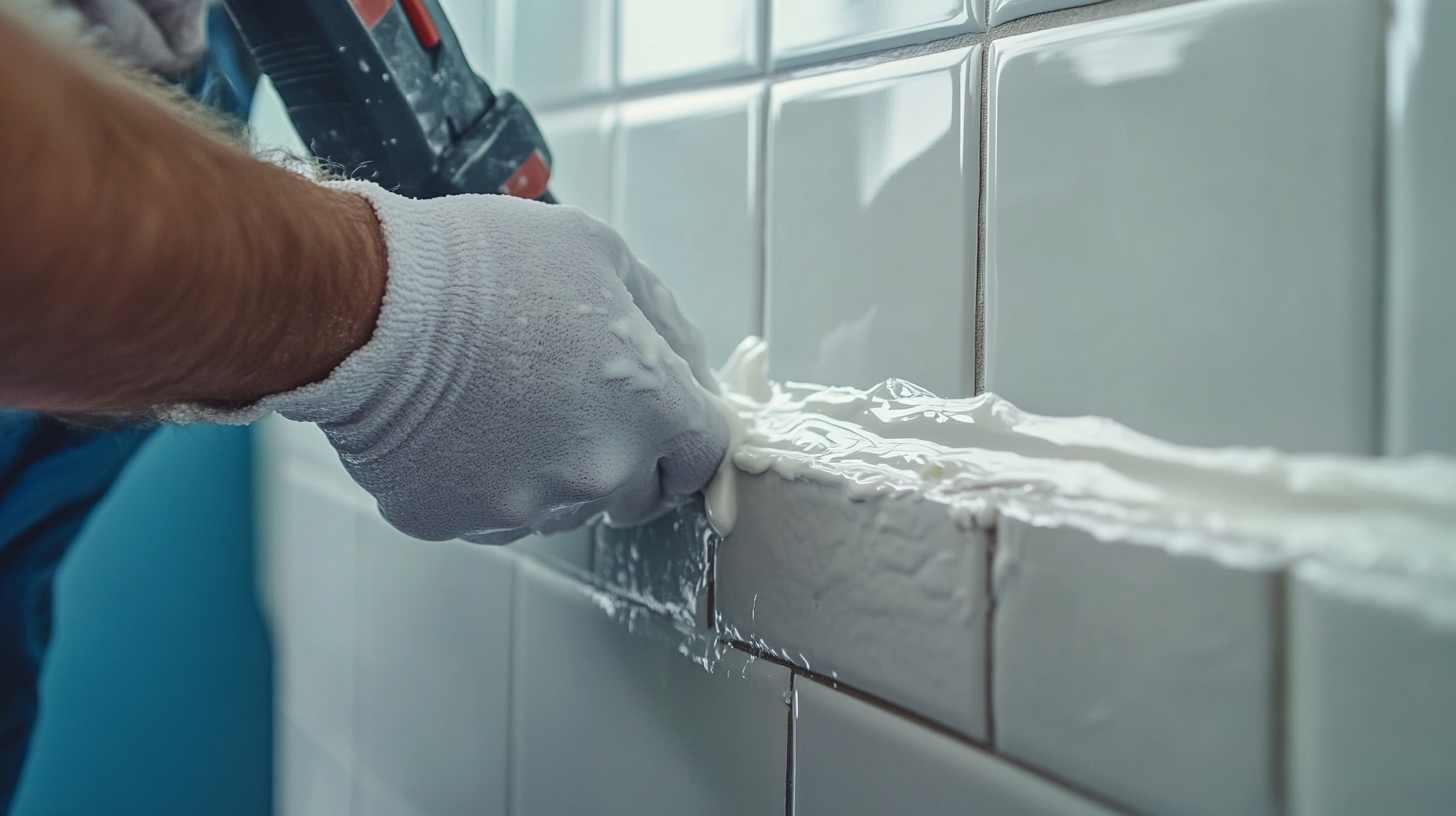 Gros plan sur une main appliquant une deuxième couche de joint en silicone blanc dans un angle de salle de bain carrelé, avec un pistolet à calfeutrer.