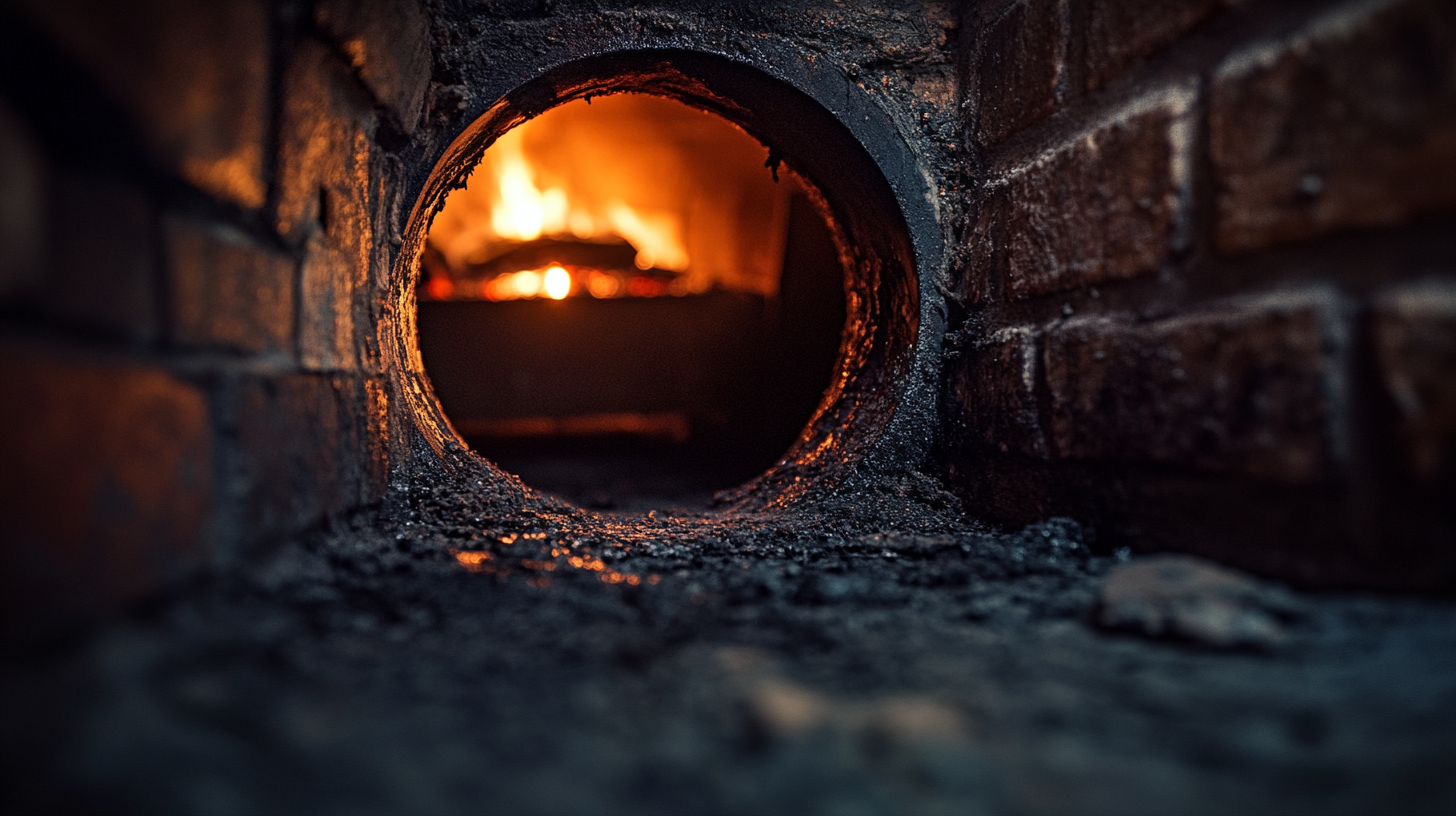 Gros plan sur un conduit de cheminée avec des dépôts noirs de bistre, inspecté par un propriétaire inquiet dans une maison rustique.