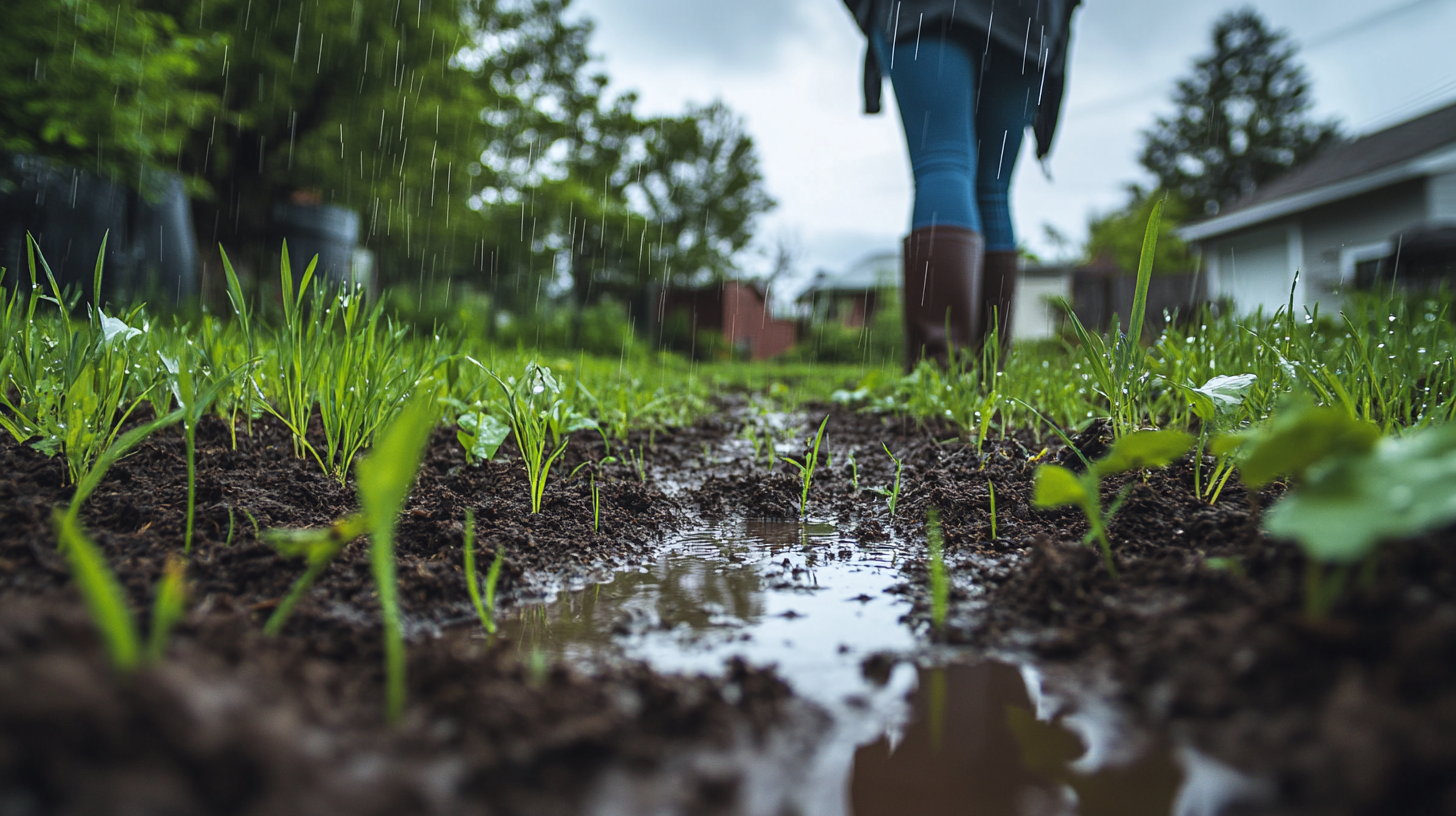 Pelouse en cours de pousse sous une forte pluie, avec des protections visibles comme du paillis et un jardinier en imperméable surveillant les semis.