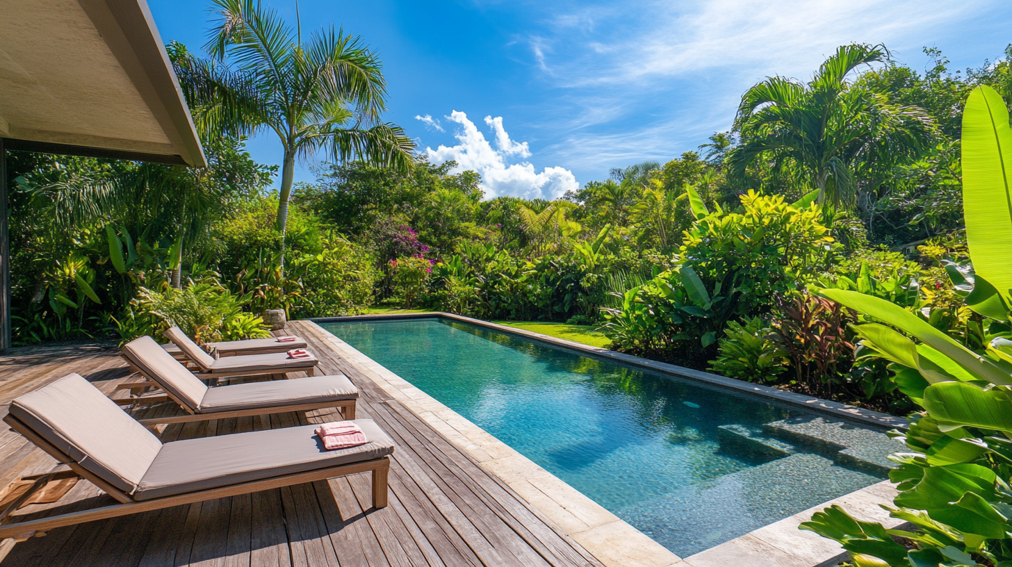 Jardin aménagé avec une piscine enterrée moderne, entourée d’une terrasse en bois, de chaises longues et de plantes luxuriantes sous un ciel ensoleillé.