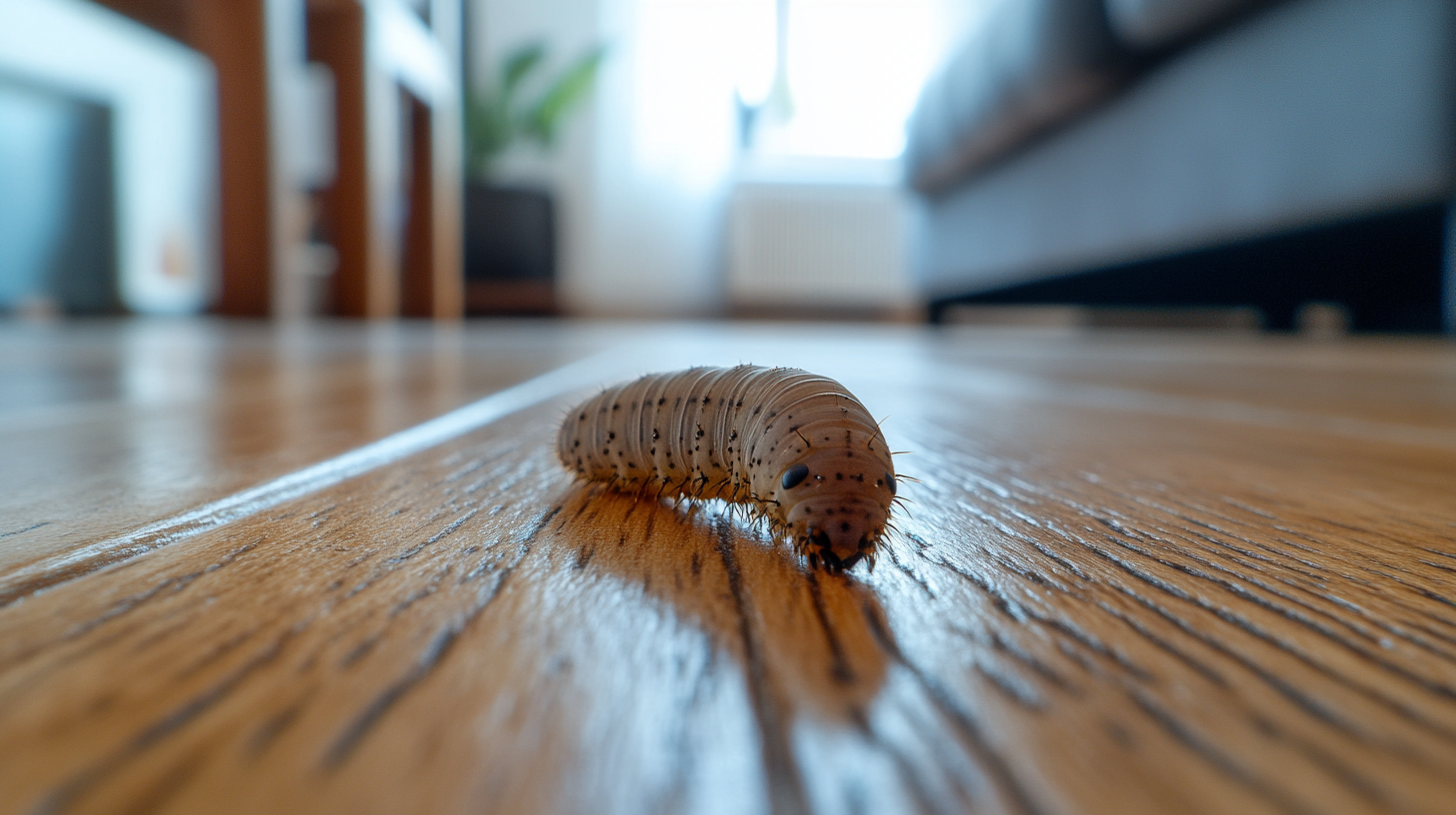 Petite chenille marron se déplaçant sur un parquet en bois clair à l’intérieur d’une maison, avec des meubles flous en arrière-plan.