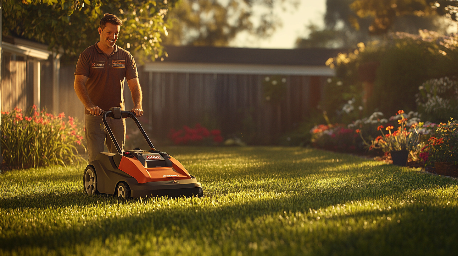 Un homme souriant tond la pelouse de son jardin avec une tondeuse sans fil moderne, sous un soleil éclatant, entouré de parterres fleuris.