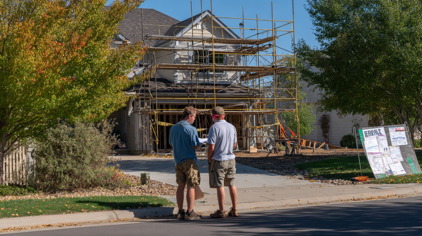 Un propriétaire consulte un architecte devant une maison en rénovation avec échafaudages et permis de construire affichés, par une journée ensoleillée.