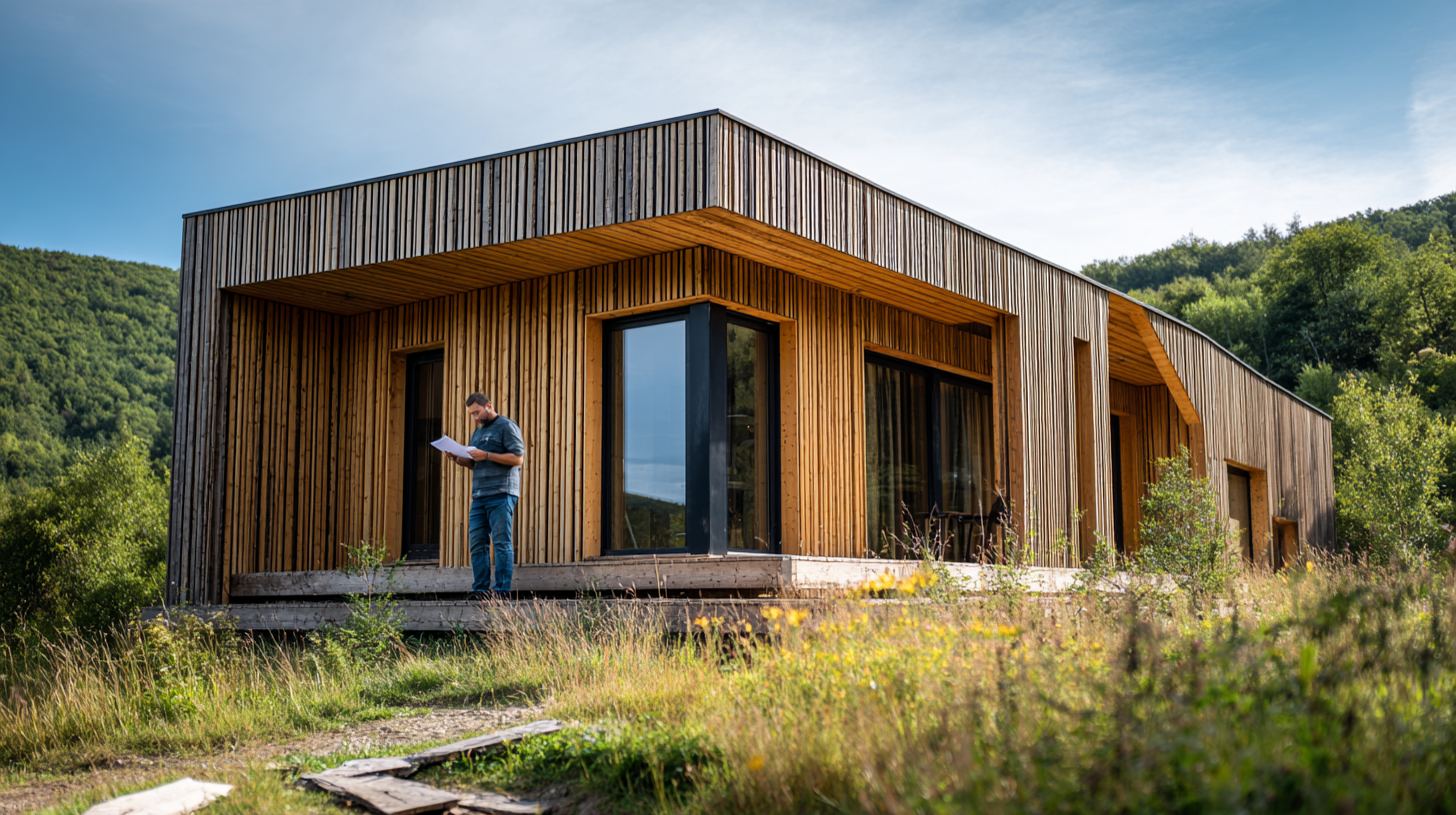 Image d'une maison en bois clé en main moderne, avec un extérieur en bois naturel, et une personne debout devant, tenant des documents financiers et un calculateur, prête à investir dans une maison durable.