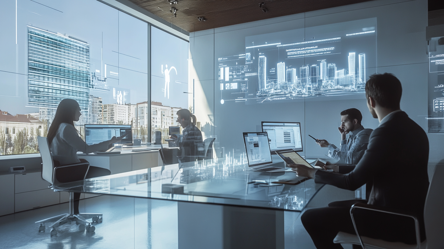 Jeunes professionnels dans un bureau immobilier moderne utilisant des tablettes et observant des modèles 3D de propriétés en hologrammes, dans un espace lumineux et high-tech.