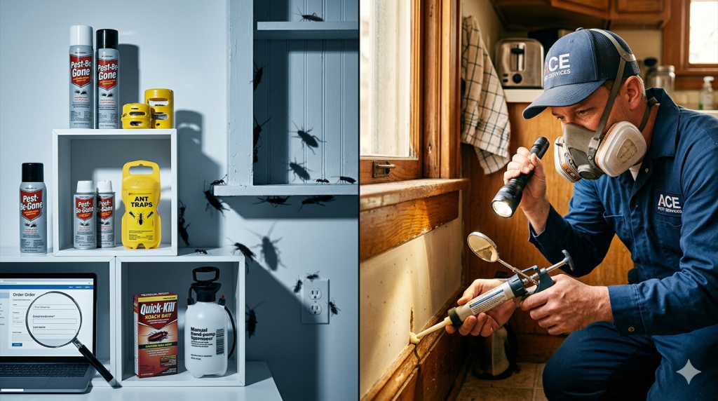 Comparaison entre produits antiparasitaires en ligne et service professionnel avec exterminateur inspectant une maison et parasites cachés