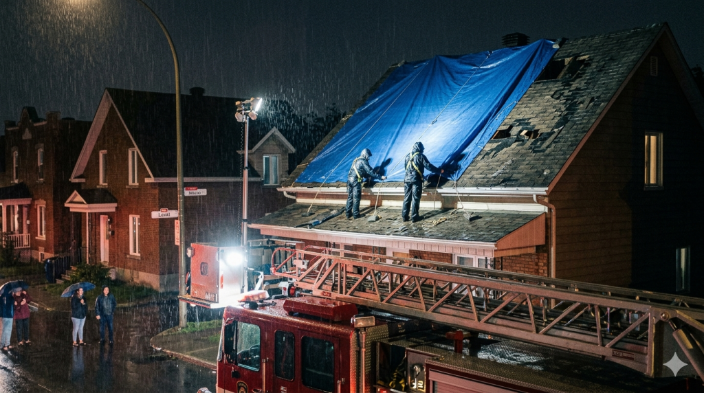 Intervention d’urgence sur une toiture endommagée à Laval sous la pluie durant la nuit